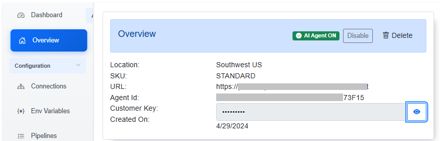 Web Portal cloud agent Overview page showing Agent Id, Client Id, and agent URL for MCP configuration