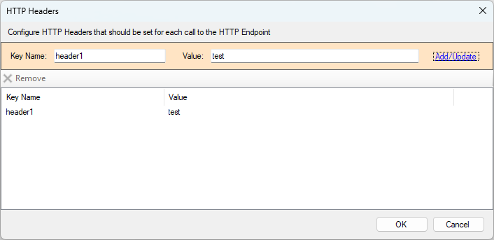 DataZen Manager HTTP Headers dialog with Key Name, Value, Add/Update, and header list