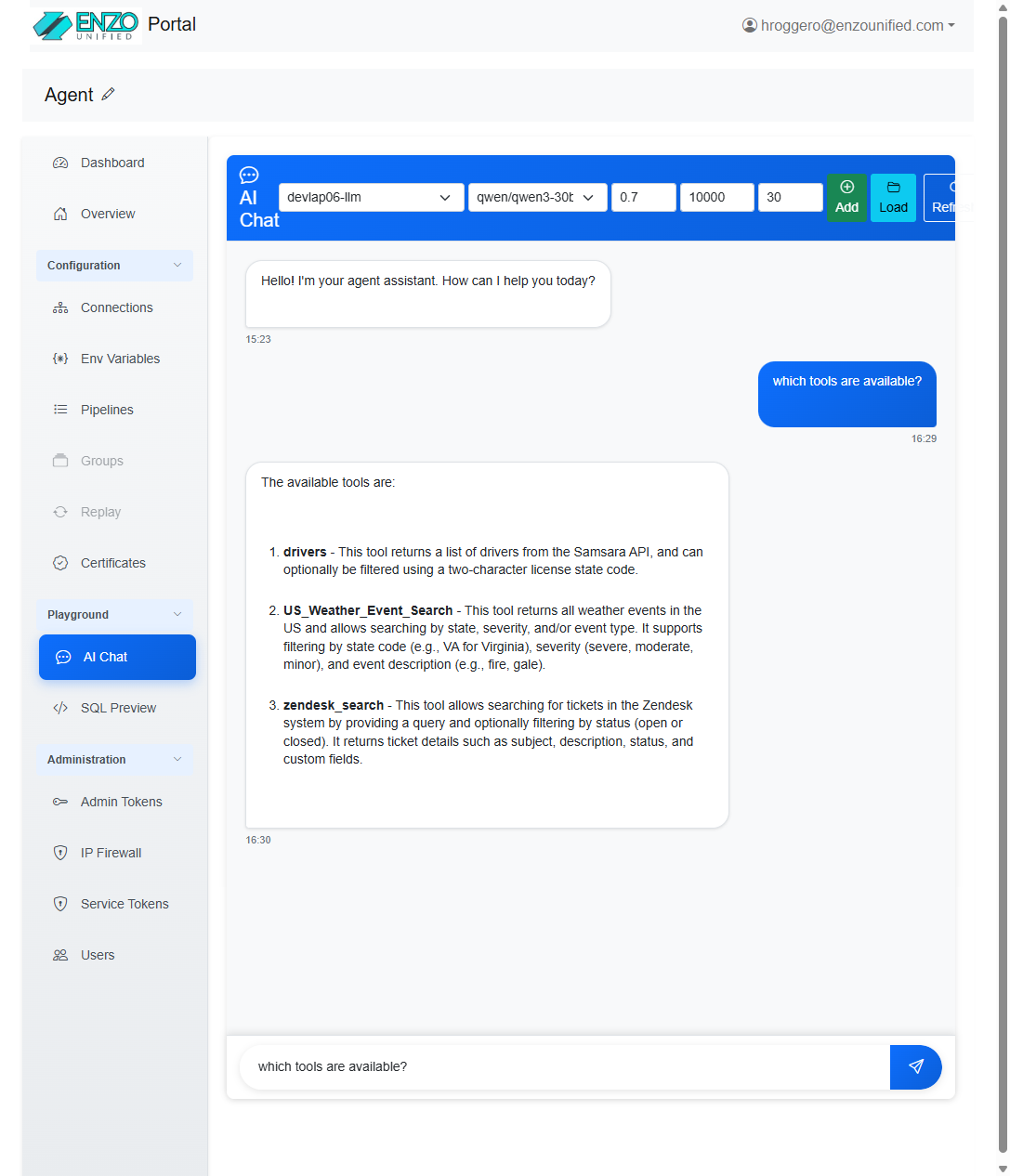Web Portal AI Chat listing available MCP tools such as drivers, weather search, and Zendesk search