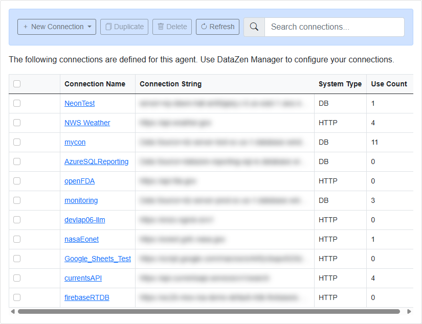 DataZen Web Portal Connections screen listing connections for a cloud agent with connection strings hidden