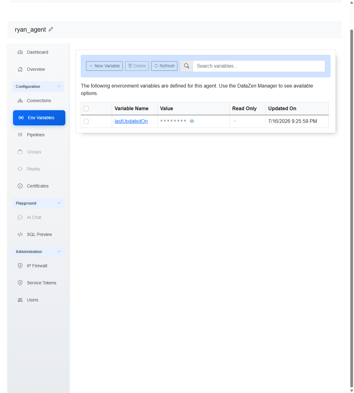Web Portal Env Variables list showing lastUpdatedOn with masked value