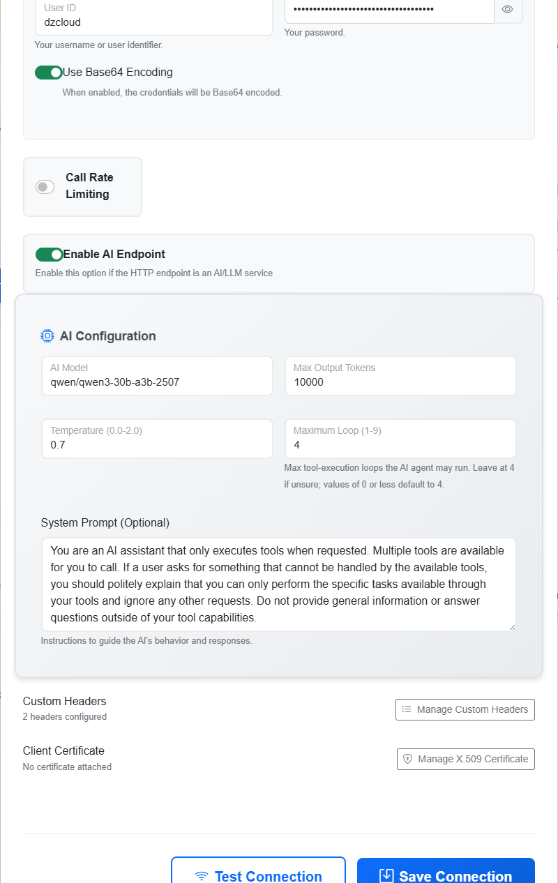 Web Portal HTTP connection with Enable AI Endpoint turned on and AI Configuration defaults visible