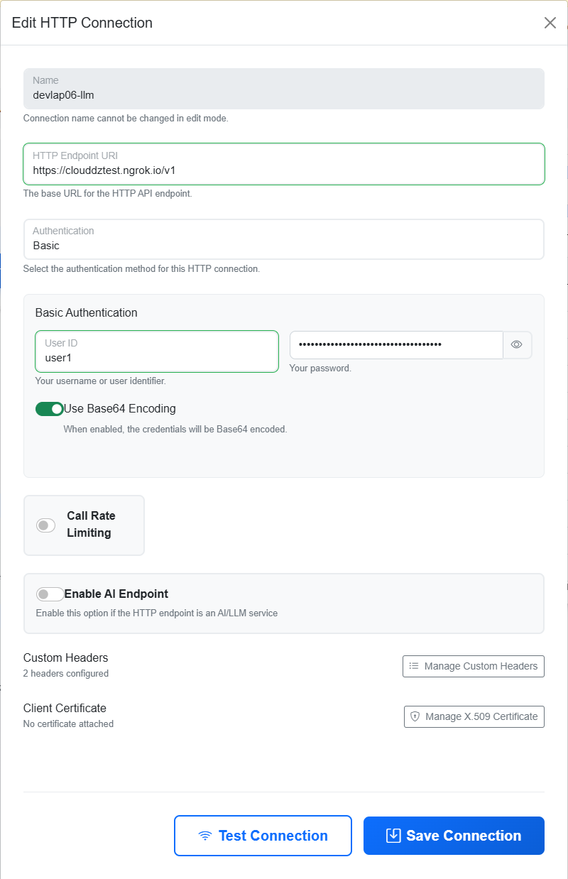 Web Portal Edit HTTP Connection dialog configured for Basic authentication
