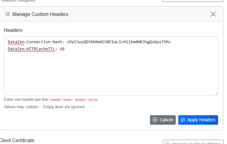 Web Portal Manage Custom Headers dialog with DataZen-Connection-Hash and DataZen-HTTPCacheTTL