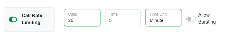 Web Portal Call Rate Limiting set to 20 calls every 5 minutes with Allow Bursting disabled