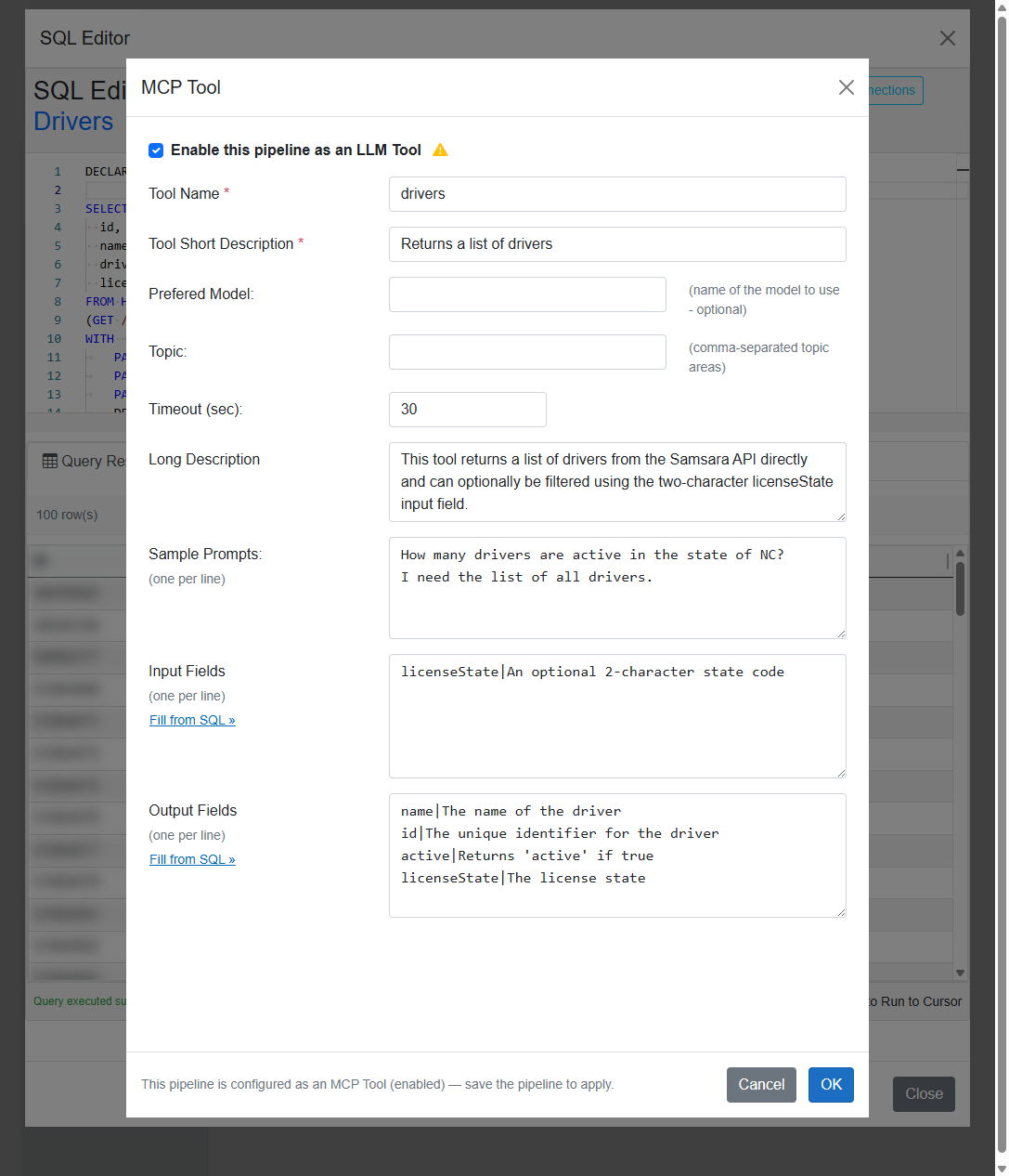 Web Portal MCP Tool configuration dialog showing tool name, descriptions, input and output fields