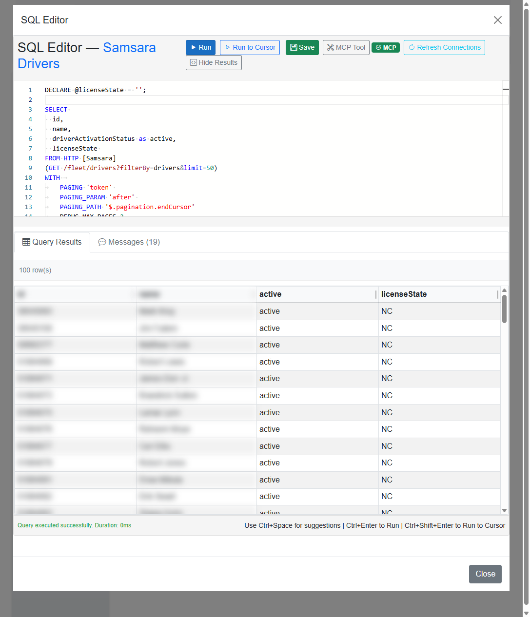 Web Portal SQL Editor for a Samsara Drivers pipeline with MCP Tool enabled and query results preview