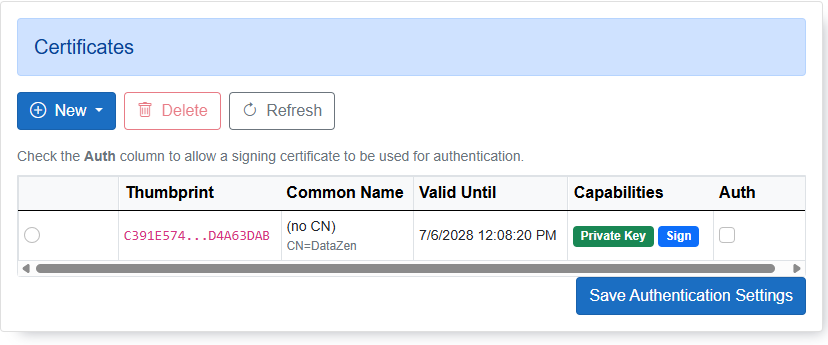 Web Portal Certificates page showing a self-signed certificate with Private Key and Sign capabilities and an Auth column