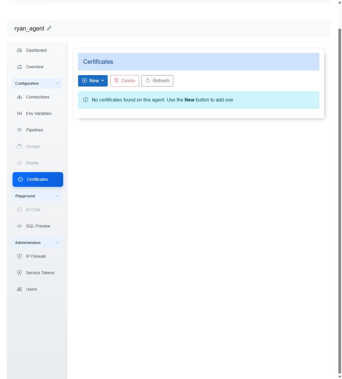 Web Portal Certificates page with New, Delete, and Refresh actions