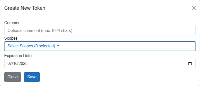 Web Portal Create New Token dialog with comment, scopes, and expiration date
