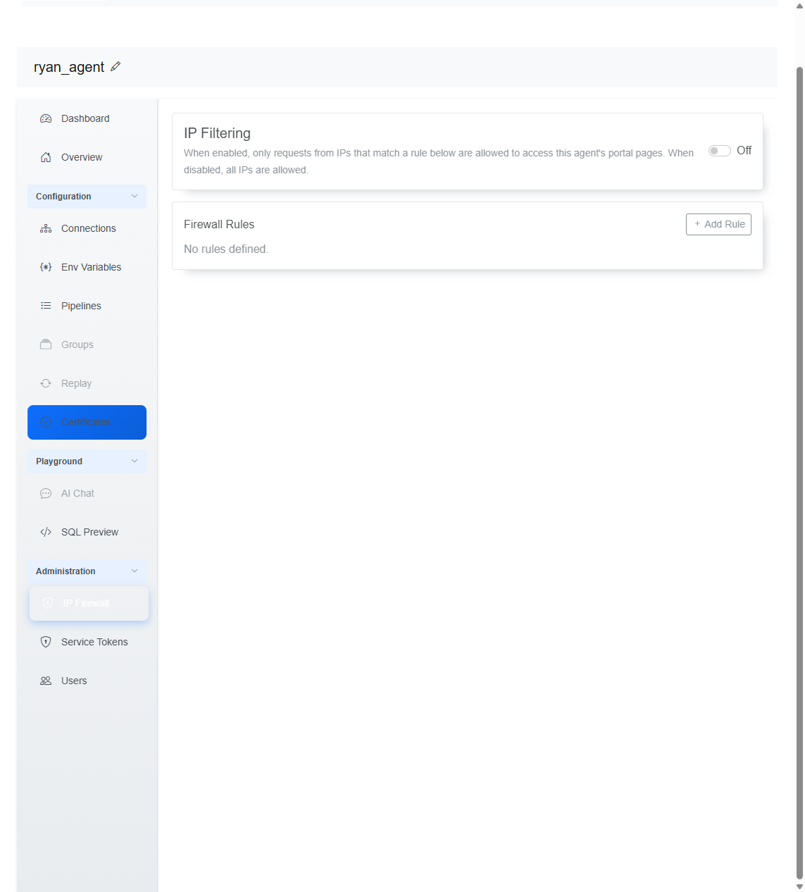 Web Portal IP Filtering and Firewall Rules settings