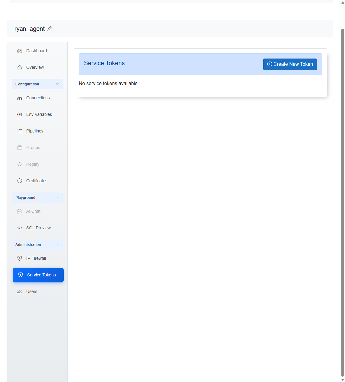 Web Portal Administration Service Tokens page
