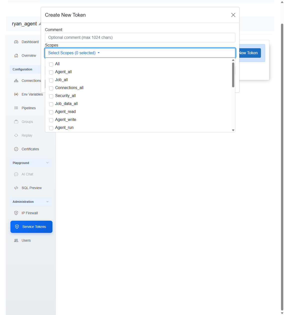 Web Portal Create New Token scopes dropdown listing All, Agent_all, Job_all, and other scopes